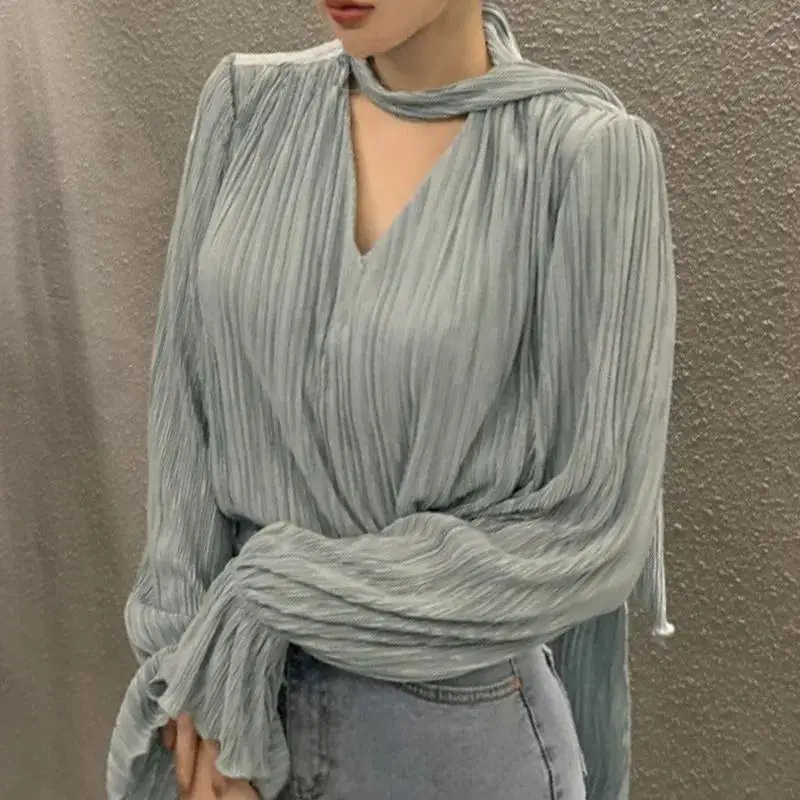 Temperament Pleated Loose Shirt Tops Long Sleeve V Neck Solid Color Elegant Blouse Spring Autumn New Fashion Trend Women Clothes