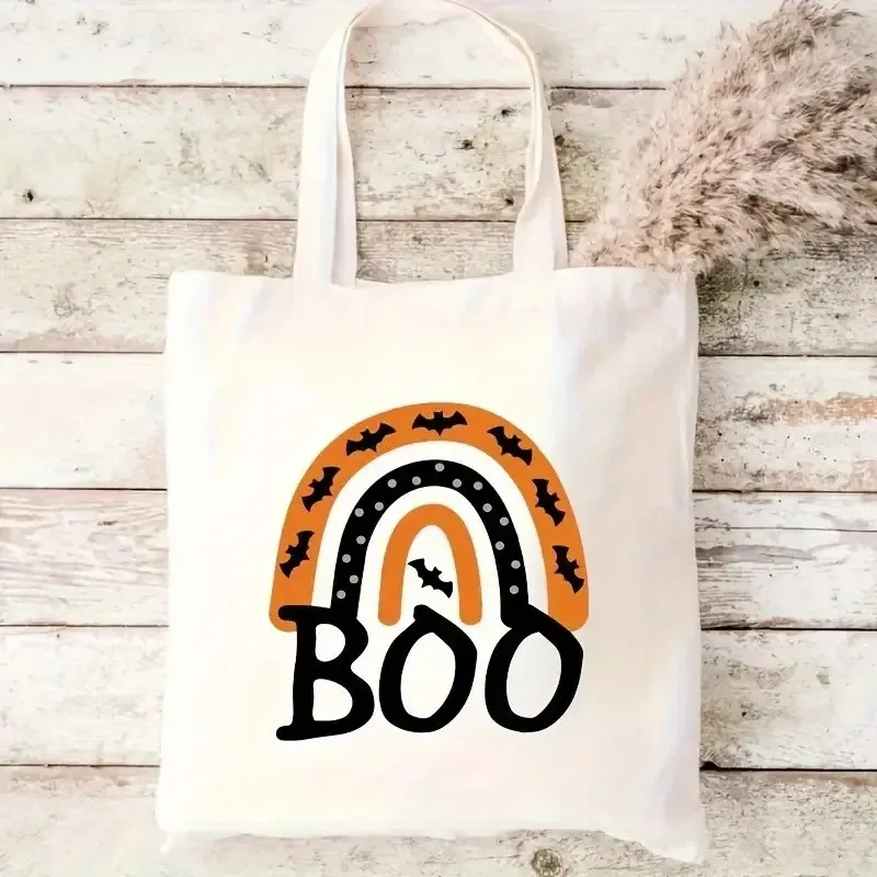 

Halloween Tote Bag BOO Print with Bats & Rainbow Canvas Shopping Bag, Harajuku Vintage Style for Parties, Festivals & Daily Use