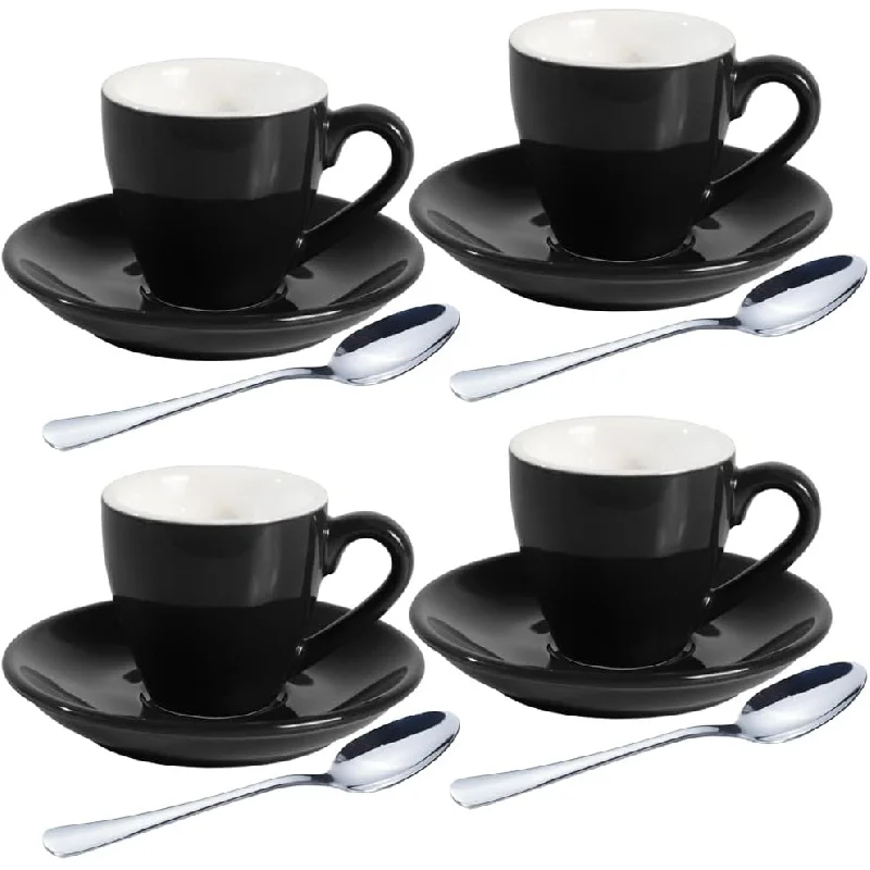 

Set of 4, Black Porcelain Espresso Shot Cup Set with Saucers and Stainless Steel Spoons - 80 ml / 2.67 oz