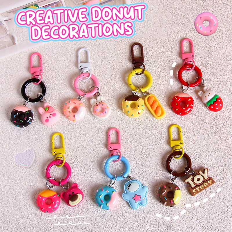 Cute Donut Keychain Bag Pendant Cartoon Colorful Donut Bread Bunny Strawberry Keyring Backpack Charms Car Earphone Decor Gifts