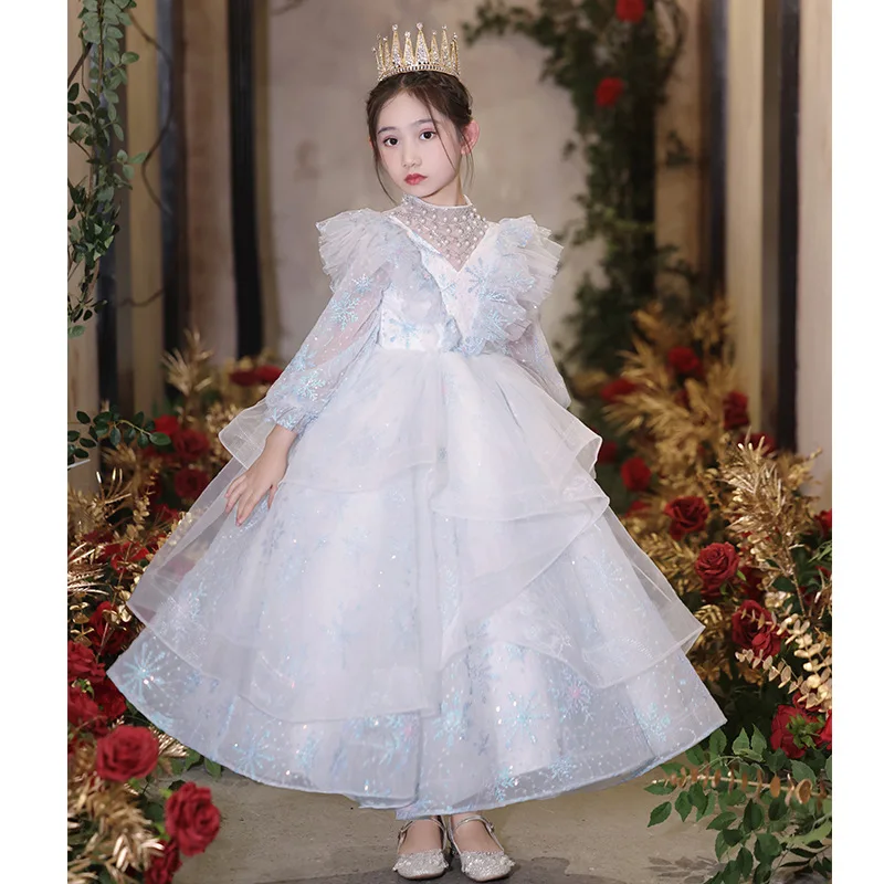 Gorgeous Girl Flower blue Shining sequin Long sleeves Princess Dress Child Birthday Party Pageant Ball Long gown Wedding dresses