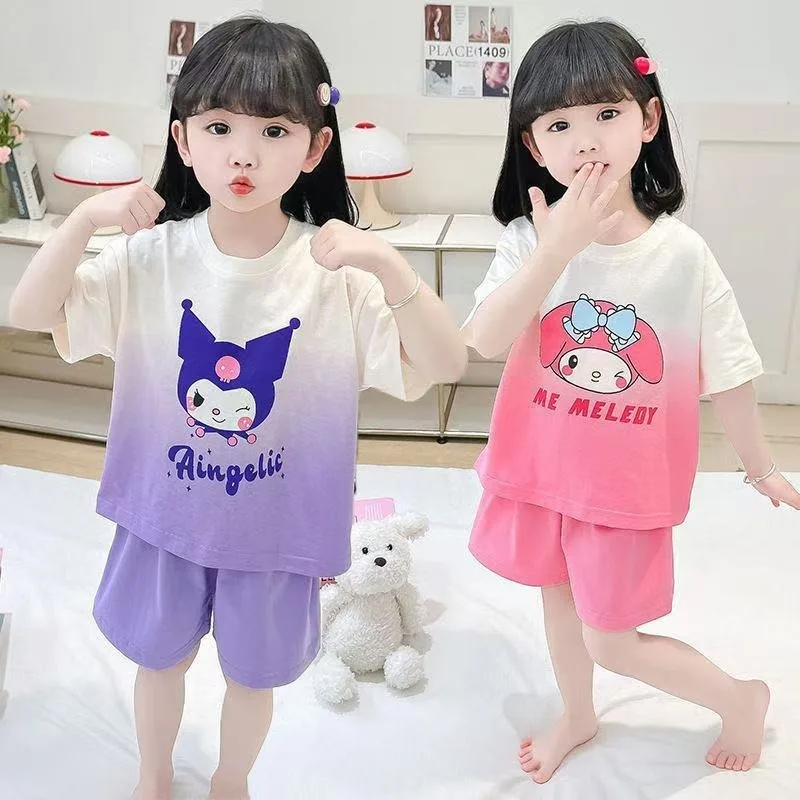 

Sweet Cute Kuromi Short Sleeve Loungewear Kids Thin Cotton Pajamas Cartoon Sanrio My Melody Summer Print Girls Pajamas Gifts