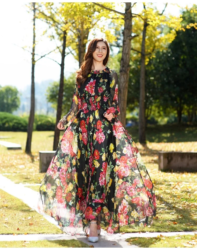 여름 휴가 꽃무늬 쉬폰 맥시 드레스와 프릴 슬리브 신축성 있는 허리 쉬폰 롱 드레스로 로맨틱한 순간을 선사합니다