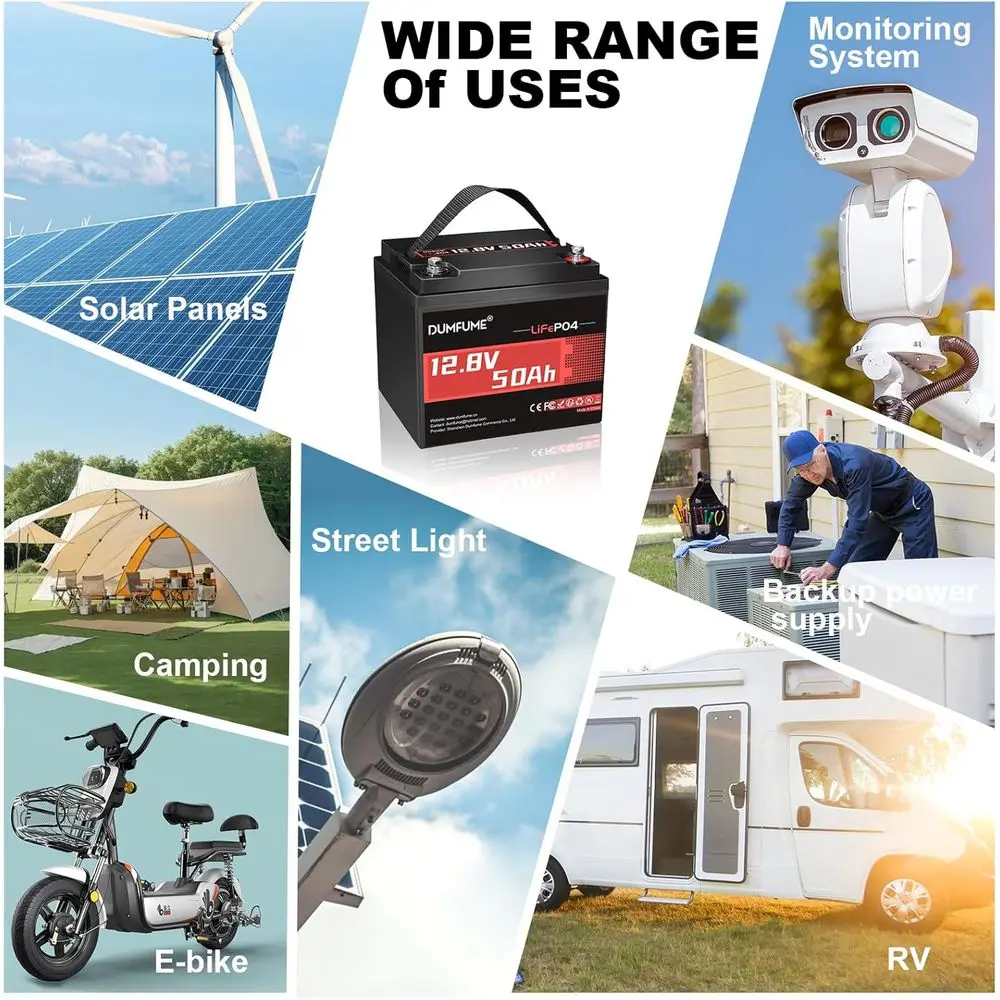 12V 50Ah LiFePO4 Deep Cycle Battery with 640Wh, 50A BMS, Low Temp Protection for Solar, RV, Home Power