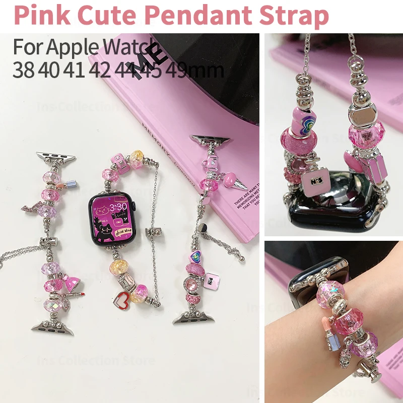 

Pink Pendant Agate Bracelet for Apple Watch Band 40mm 45mm 44mm 42mm 38 Bead Chain Strap for iWatch Series 7 8 9 SE 6 5 3 Ultra2