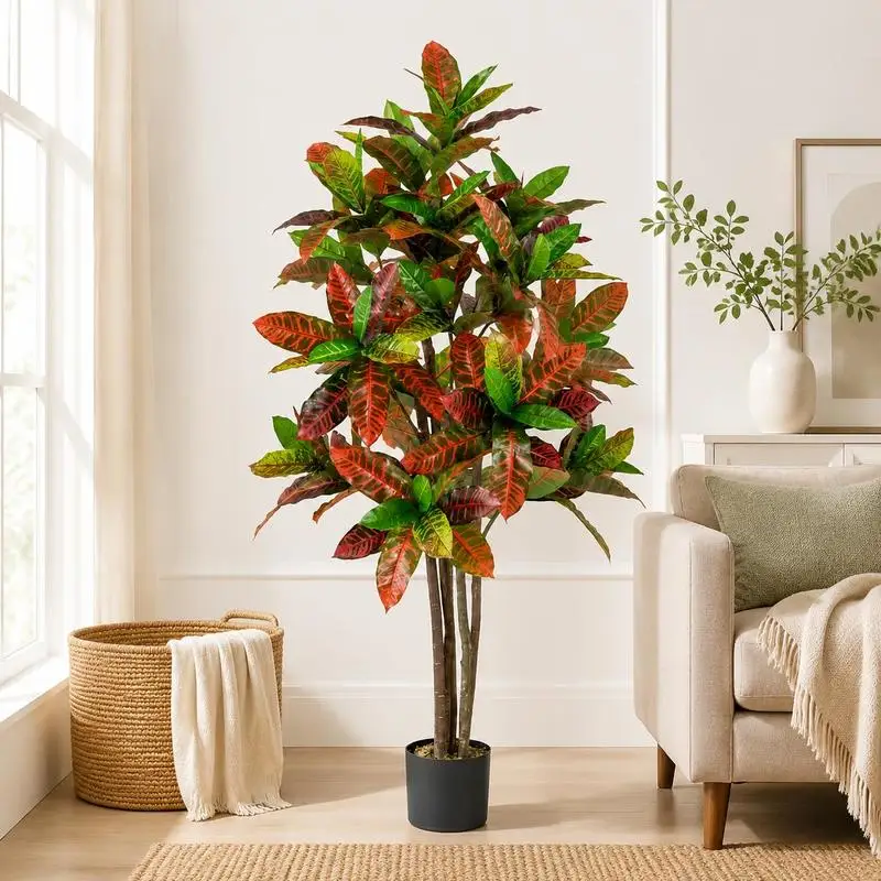 Plante artificielle de croton de 1,5 m de haut avec feuilles dégradées et pot de pépinière - 1 pièce