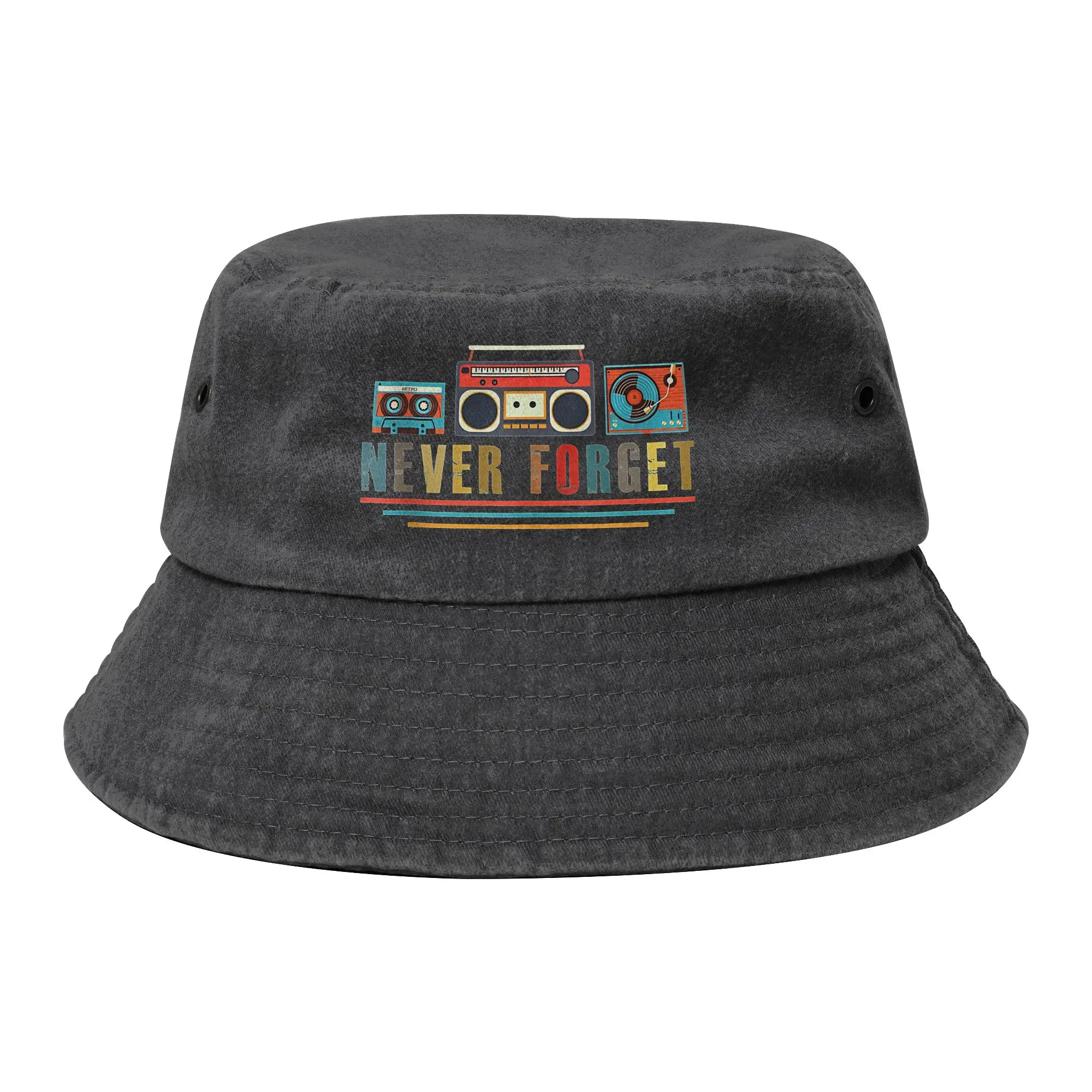 Unisex Distressed Denim Bucket Hats Vintage Retro 80s Music Tape Never Forget Tank Spring  Camping Fisherman Caps  Boonie Hat