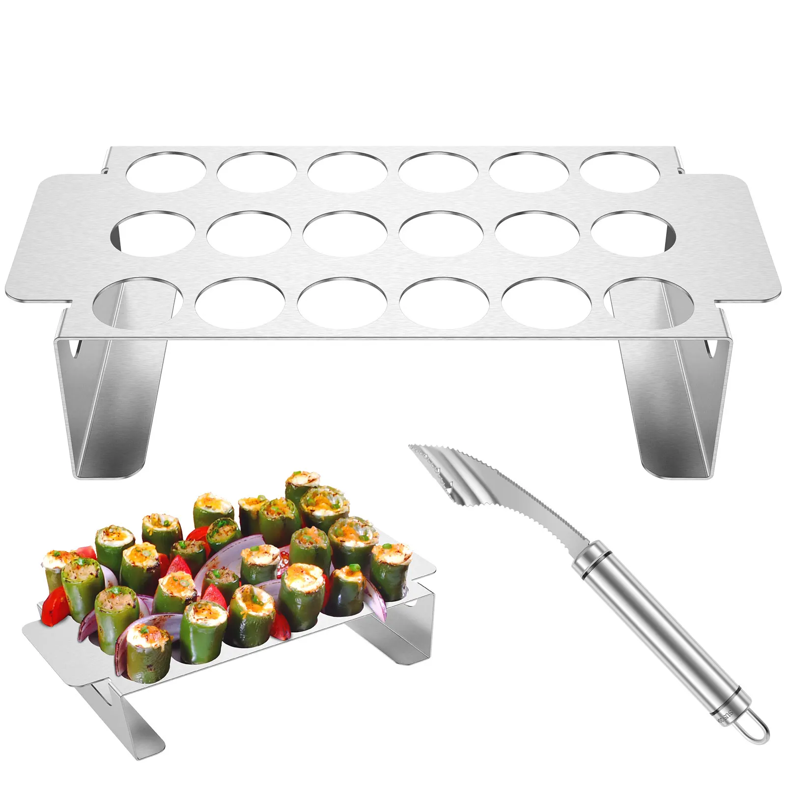 2 件 Jalapeno Grill Rack with Pepper Corer Tool 18 Holes Pepper Grilling Rack Stainless Steel Chili Roasting Rack Rustproof Dish