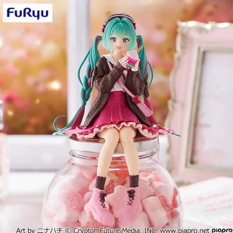 FuRyu Original Hatsune Miku Autumn Date Pink Noodle Stopper Anime Action Figure Toys For Boys Girls Kids Children Birthday Gifts