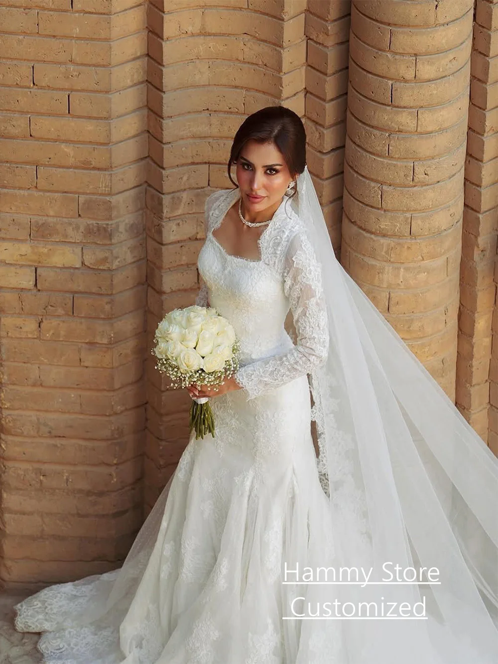 Abiti da sposa arabi personalizzati collo quadrato maniche lunghe corte strascico pizzo sirena abito da sposa Vestido De Noiva abiti da sposa