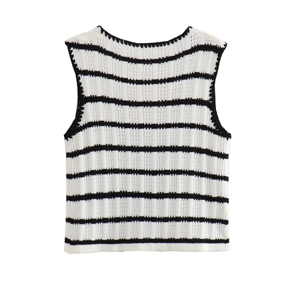 TRAF Women Fashion with Tied Striped Knit Vest Sweater Vintage V Neck Sleeveless Female Waistcoat Chic Tops Dropship