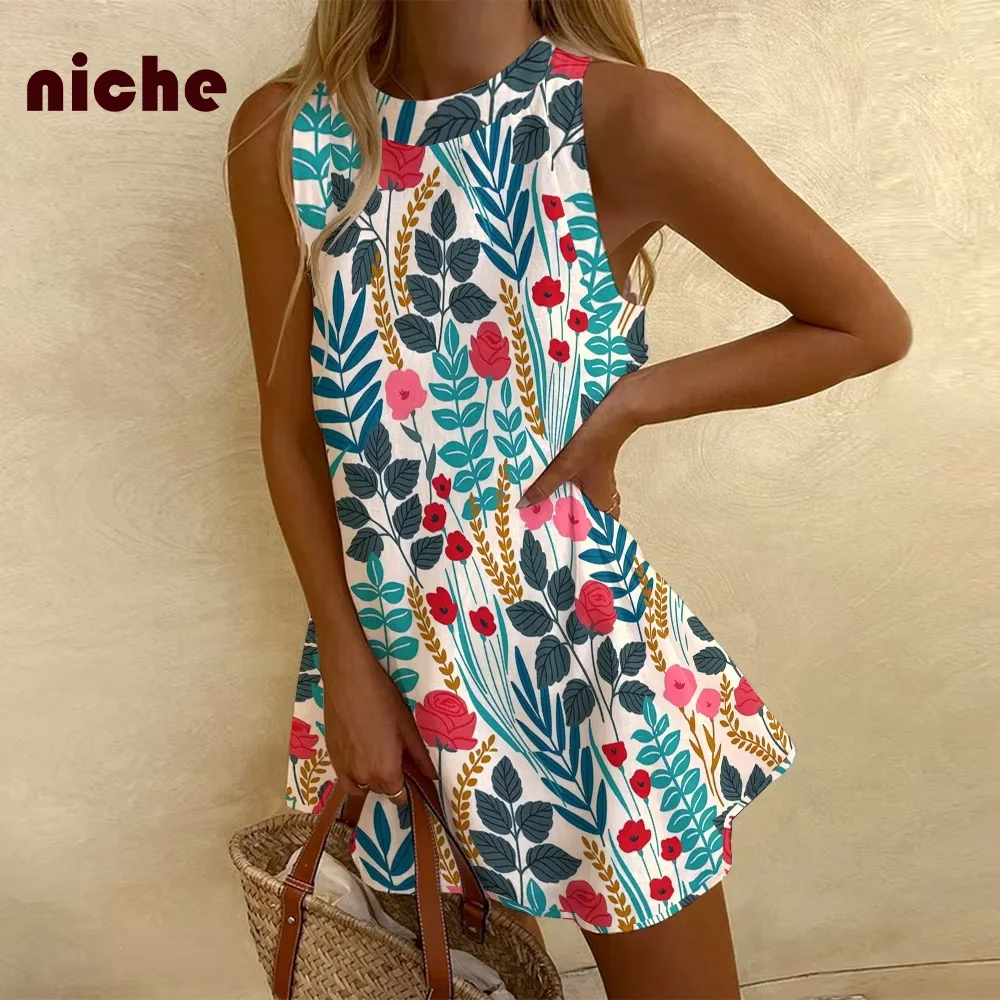 

Women's Sleeveless Beach Dress, Elegant Flower, Leaf, Graphic Printing, High Quality, Soft, Comfortable, New Party Dresses