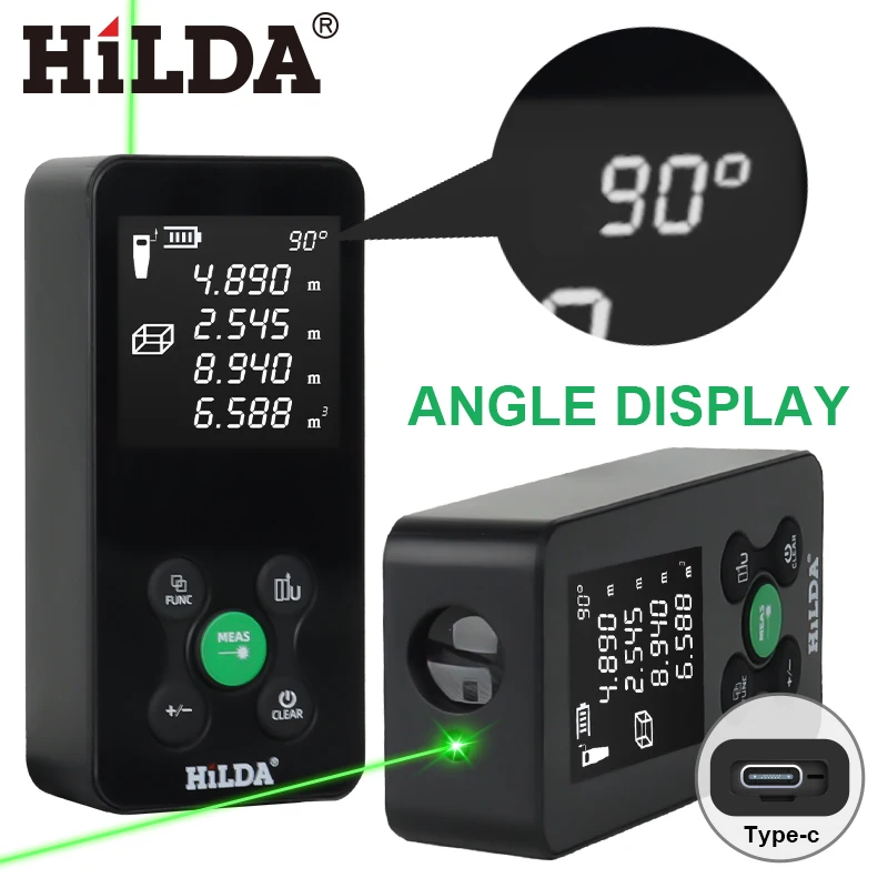 HILDA 50/100/120M Laser Rangefinder Red/Green Light Laser Distance Digital Tape Rechargeable and Measurable Angle Laser Measure