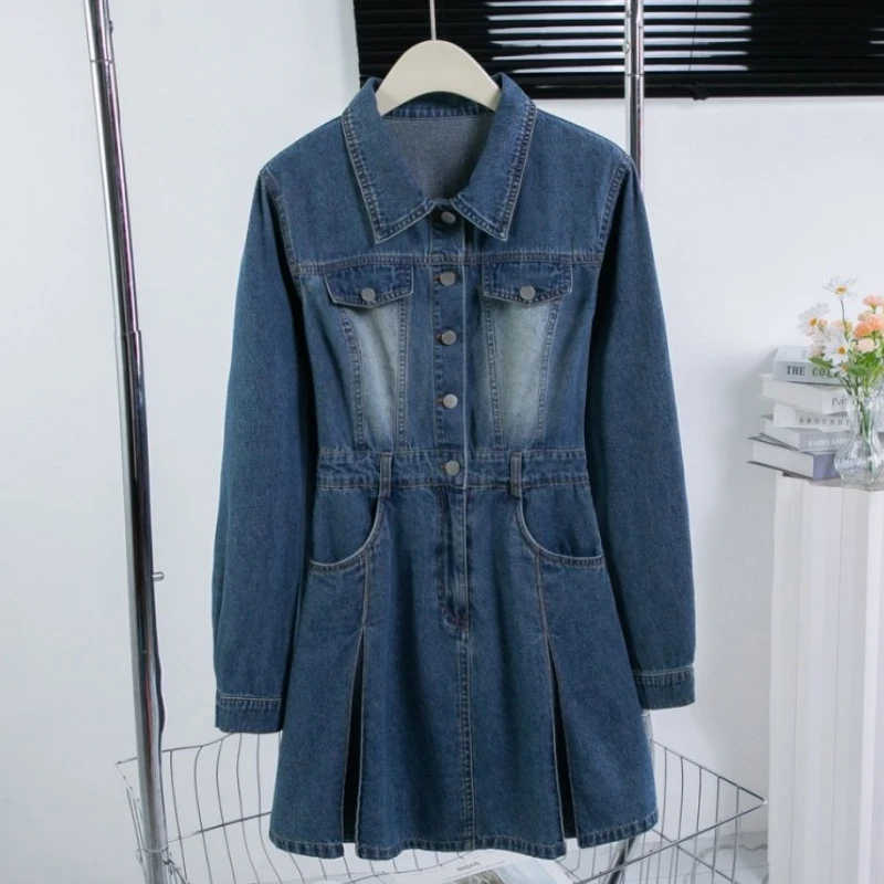 Abiti camicia di jeans oversize 3XL Donna Autunno Inverno Abiti corti di jeans da donna a vita alta vintage europei a vita alta Mini
