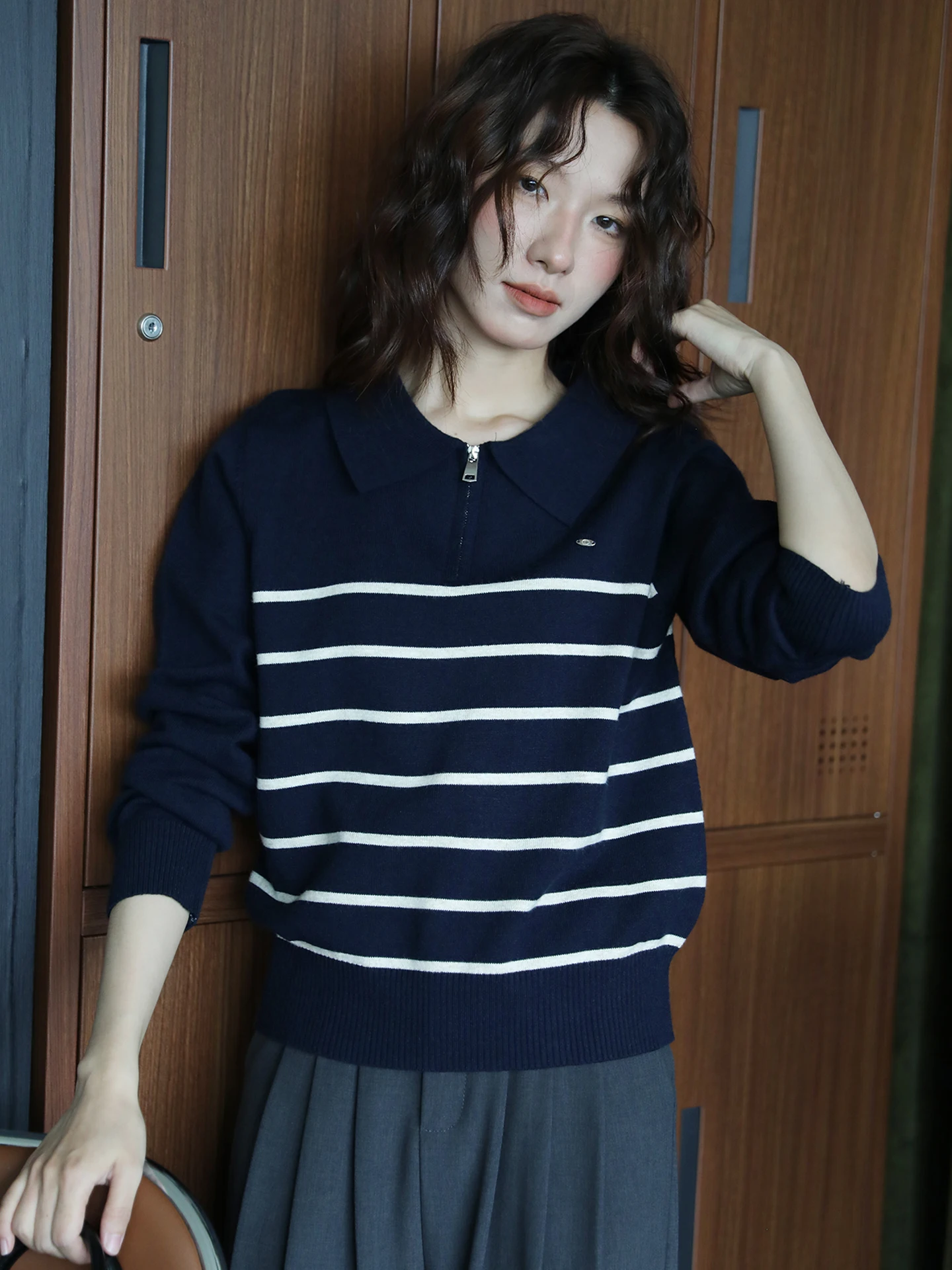 

Soft Blue Striped Knitted Long Sve Women's Sweater Autumn Winter New Design f Open Collar Top Polyester Rayon Acrylic B...