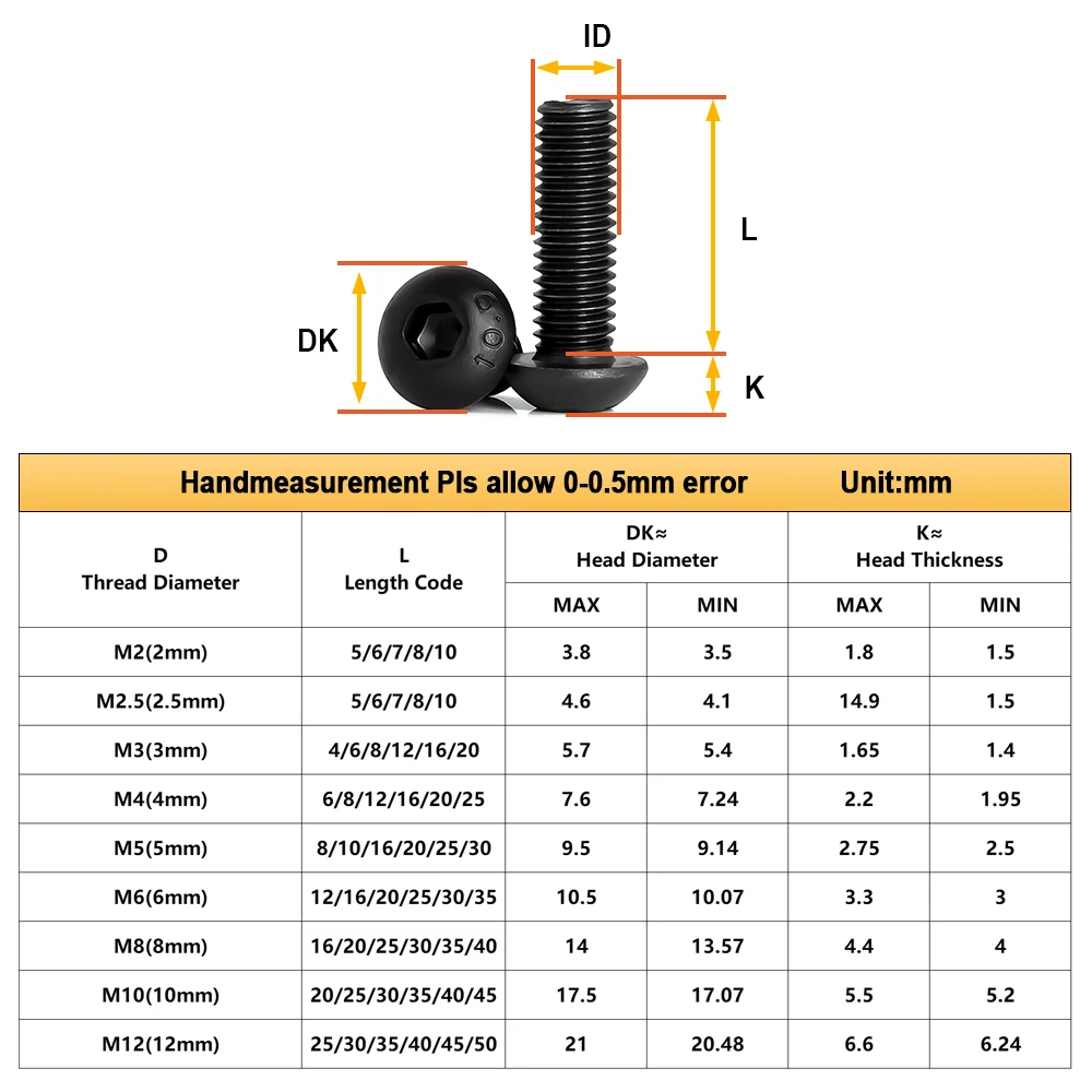 Wholesale Grade 10.9 Black Carbon Steel Hex Screws Round Head Hexagonal Allen Bolts Thread Metal Machine Screw M2M2.5M3M4M5M6M8