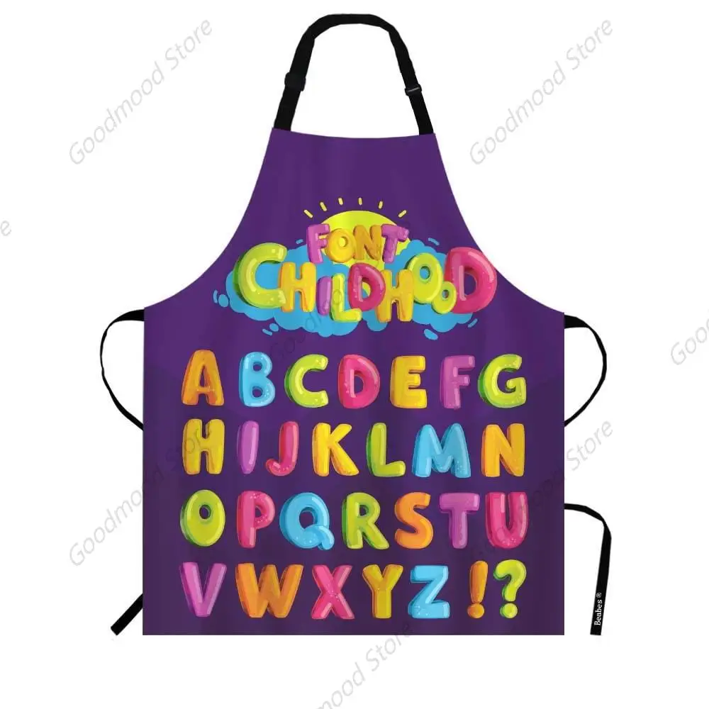 Font Alphabet Bib Apron Adjustable Neck Strap Cartoon Rainbow Alphabet Letters Set Polyester Work Apron Crafting BBQ Drawing