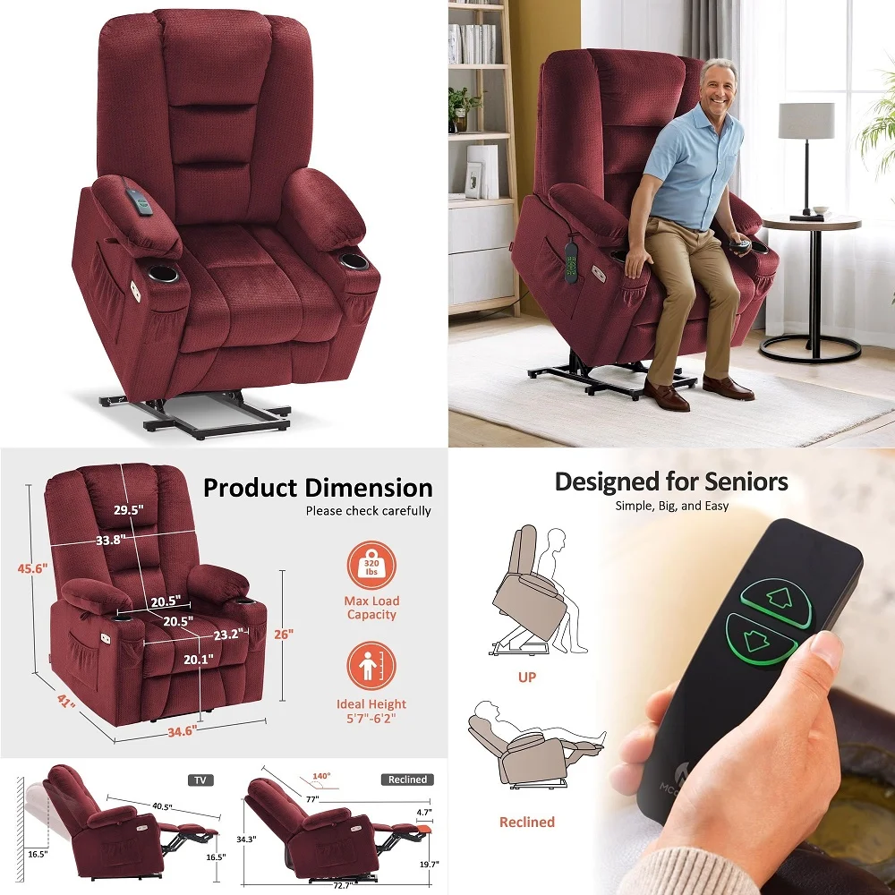 

Flat Power Electric Lift Recliner Chair for Elderly Seniors Adults with Extended Footrest Heat Massage,USB,TypeC Ports, Infinit