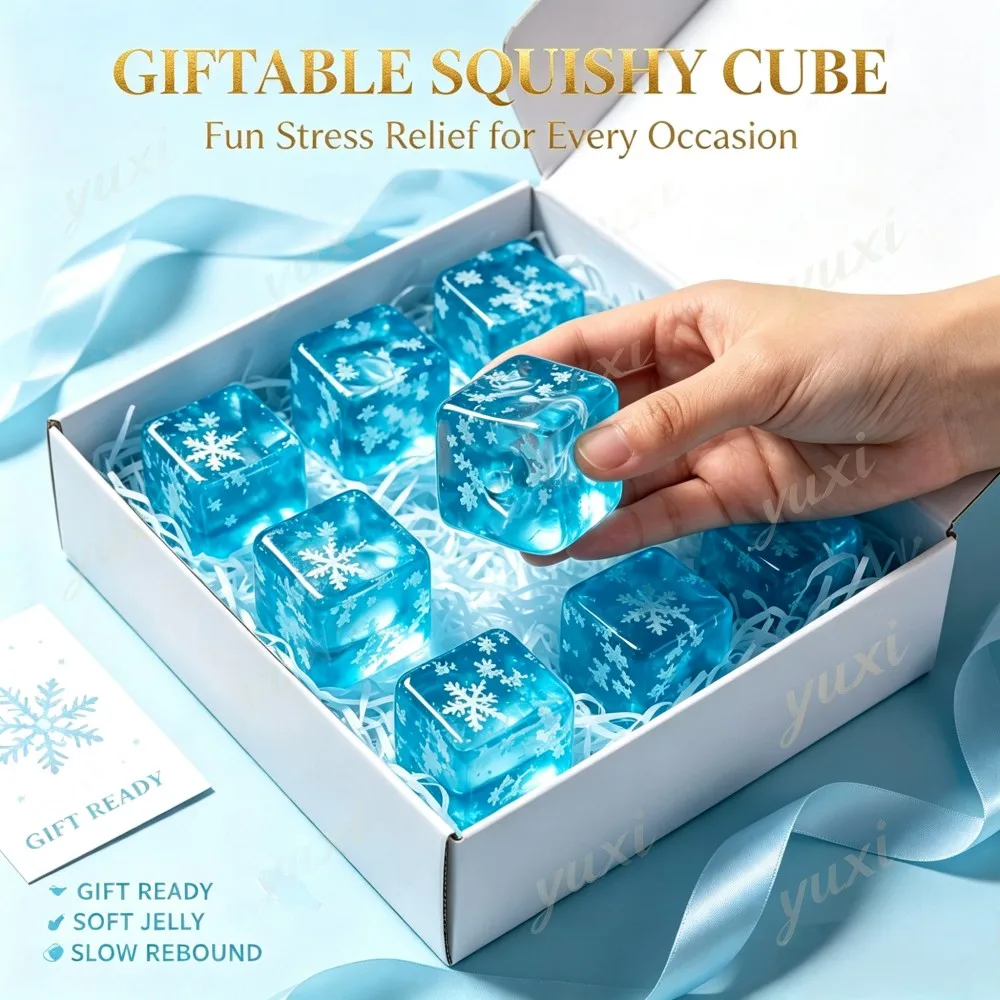 Xmas Snowflake Crystal Cube Squishy Fidget Toy Jelly Squeeze Stress Relief Toy Perfect Stocking Fillers for Kids Adults