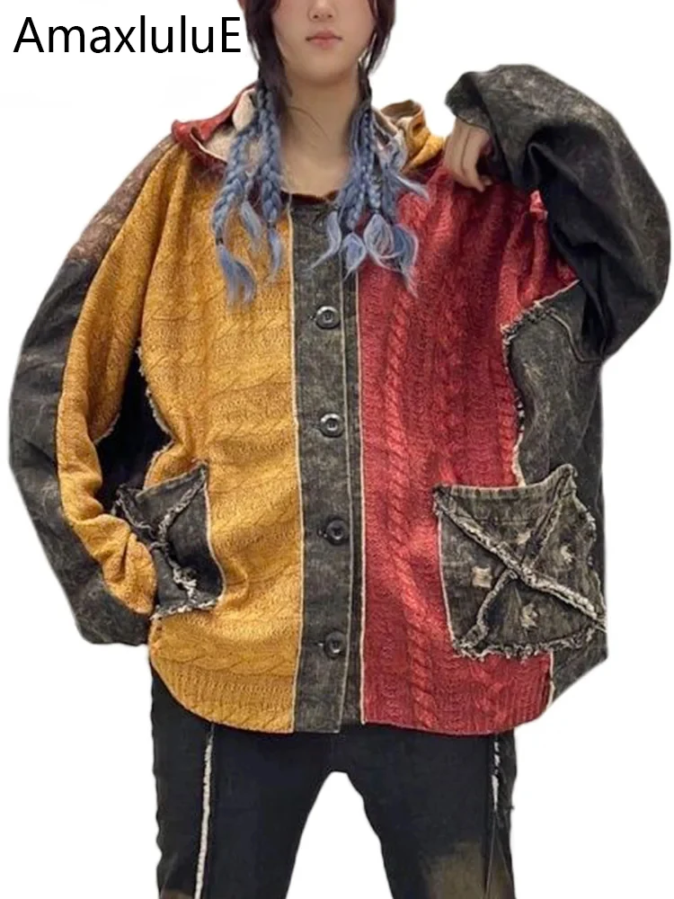 

Amax LuluE 2025 Fashion Streetwear Women Fall Loose Knitted Denim Hooded Jackets Ladies Vintage Casual Punk Oversized Warm Coats
