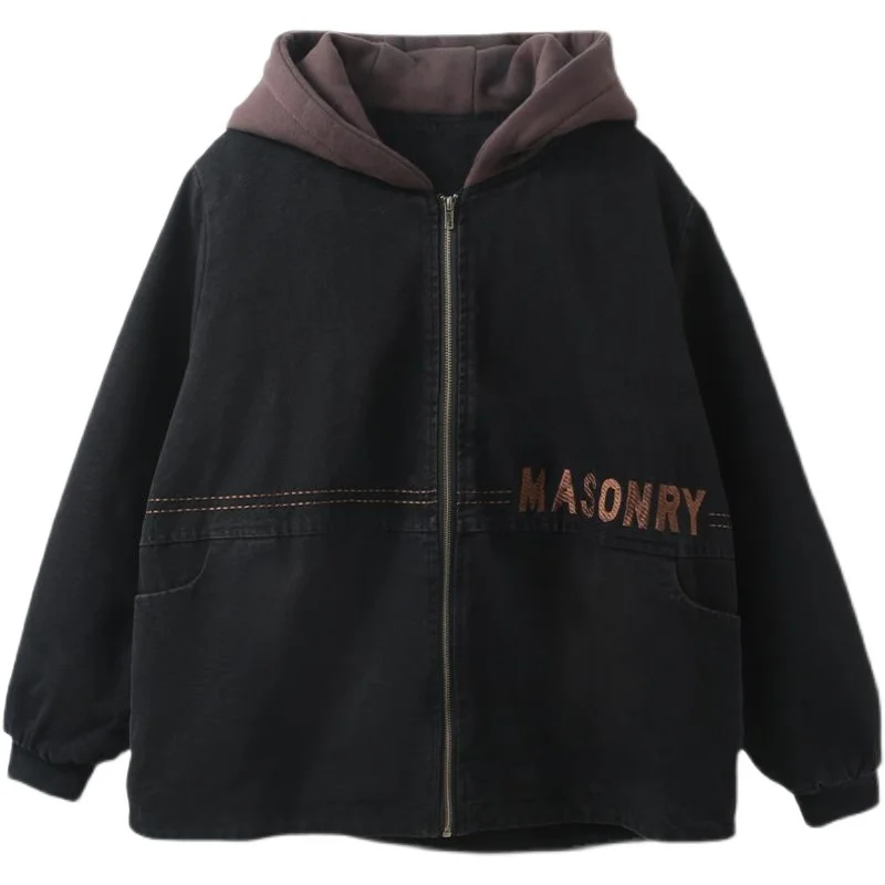 

Thiened Fce Winter Denim Jaet Mid-Length Coat Korean Sle Cotton Material Long Sve Zipper Closure Casual Outerwear