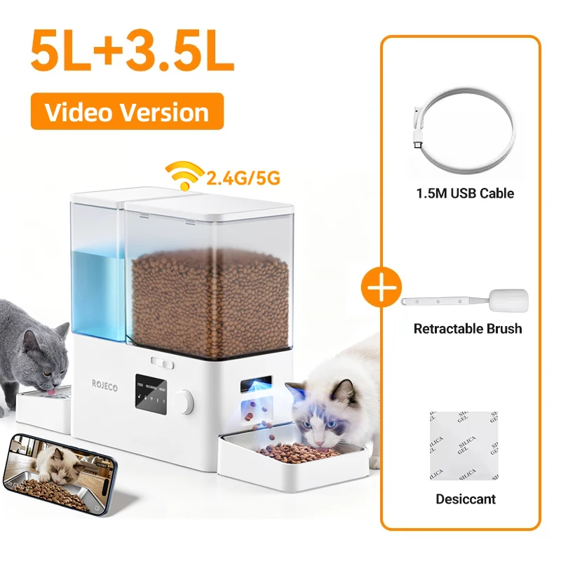 ROJECO 8.5L 2-in-1 automatische huisdierenvoeder met camera, zwaartekrachtwaterfontein, knopbediening, 5L kattenvoerdispenser met 3.5L watertank