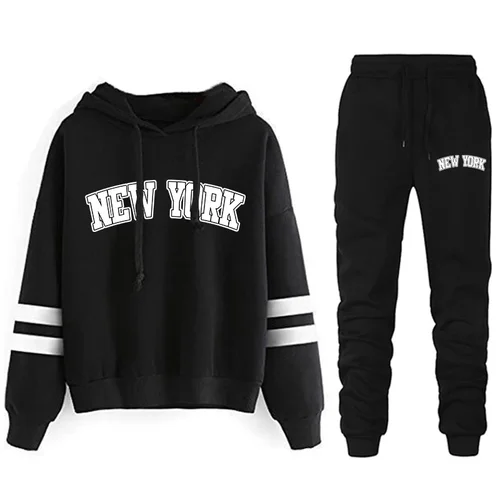 Imagen 1 del producto Chándal o pantalones o traje de Nueva York para mujer Sudadera con capucha versátil a rayas Simplicidad Moda urbana Trajes casuales S-3XL2024