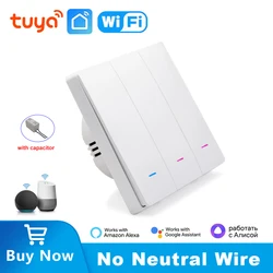 Tuya EU UK Smart WiFi Light Switch Push Button 1/2/3 Gang Light Wall Switches No Neutral Wire Smart Life Alexa Google Home Alice