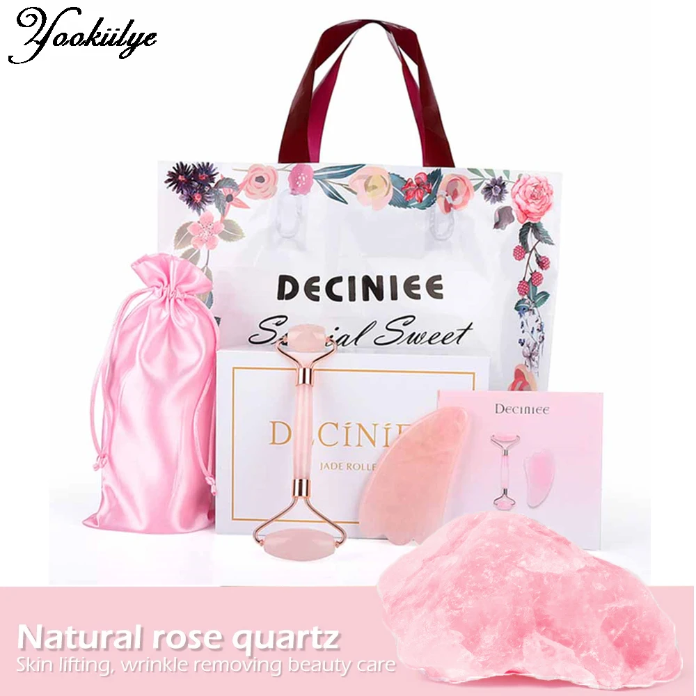 Rodillo de jade de cuarzo rosa rosa Gua Sha Set Masajeador corporal facial Adelgazamiento Levantamiento Rodillo de masaje de piedras de jade natural