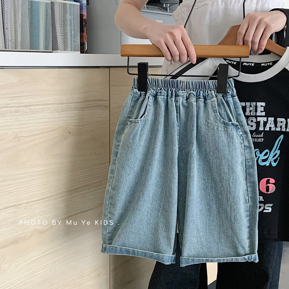 

Детские летние укороченные брюки для мальчиков, универсальные джинсовые брюки с вышивкой для маленьких мальчиков, детские повседневные широкие джинсы для мальчиков