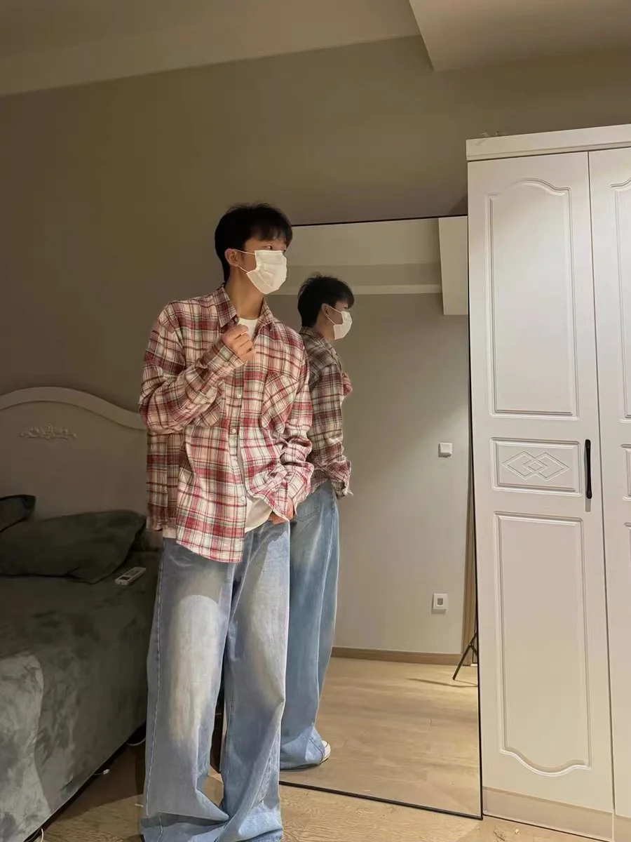 Printemps été Plaid irt hommes ample décontracté Cleanfit paresseux rue Sle Couple allegré Long Sve Busin décontracté irt