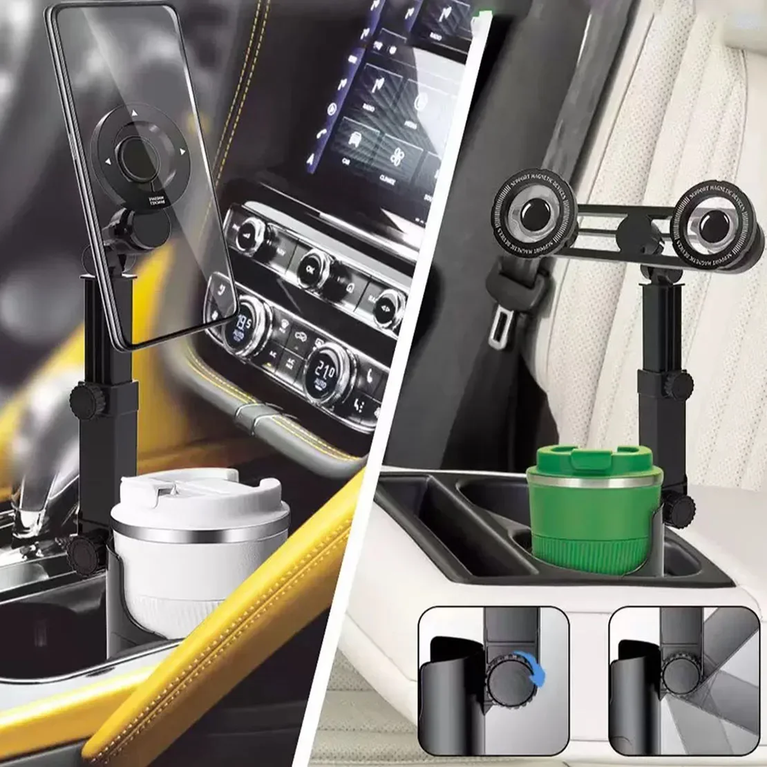 2-in-1 Auto-Getränkehalter mit Telefonhalterung, Doppelt Magnetisch Verstellbarer Langer Arm, Universeller Getränkeständer für Mobiltelefone – Detail 9