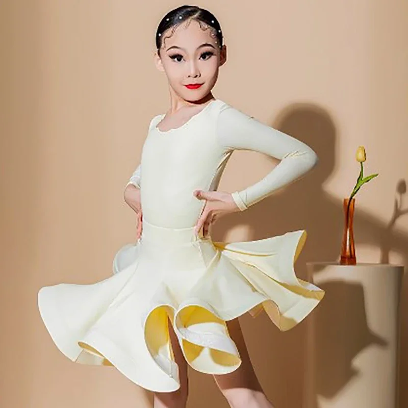 Children Long Sleeve Professional Regulations Latin Dance Costumes for Girls Kids Competition Big Skirt Performance Dancewear