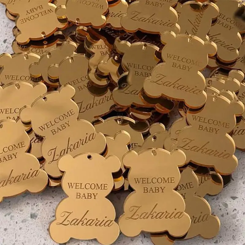 Personalized Acrylic Mirror Bear Favor Tags Custom Acrylic Baby Shower Favors Engraved Name Tags Baptism Birthday Gift Decor - view 2