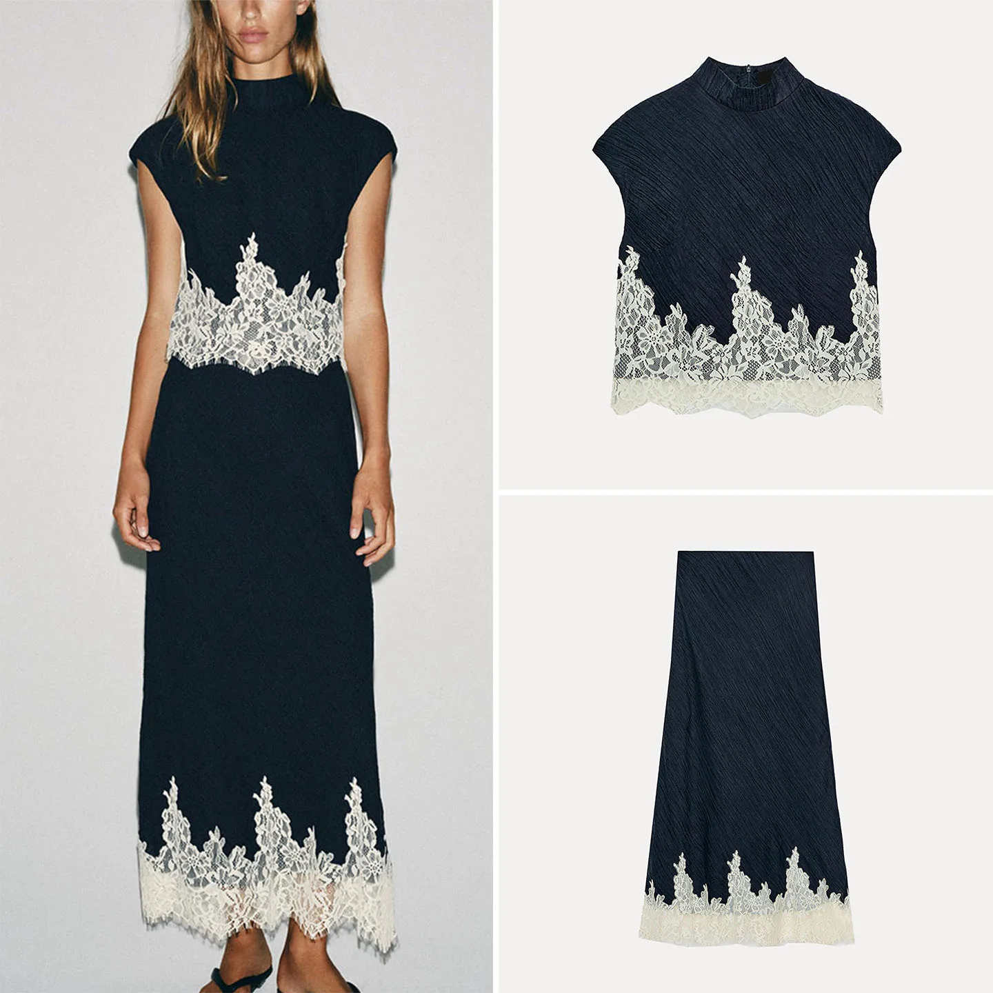 Women's Fashion Set Short Sleeve Pleated Waist Elastic Half Skirt Stand Collar Bump Pattern Short Top And Skirt Two-Piece Set