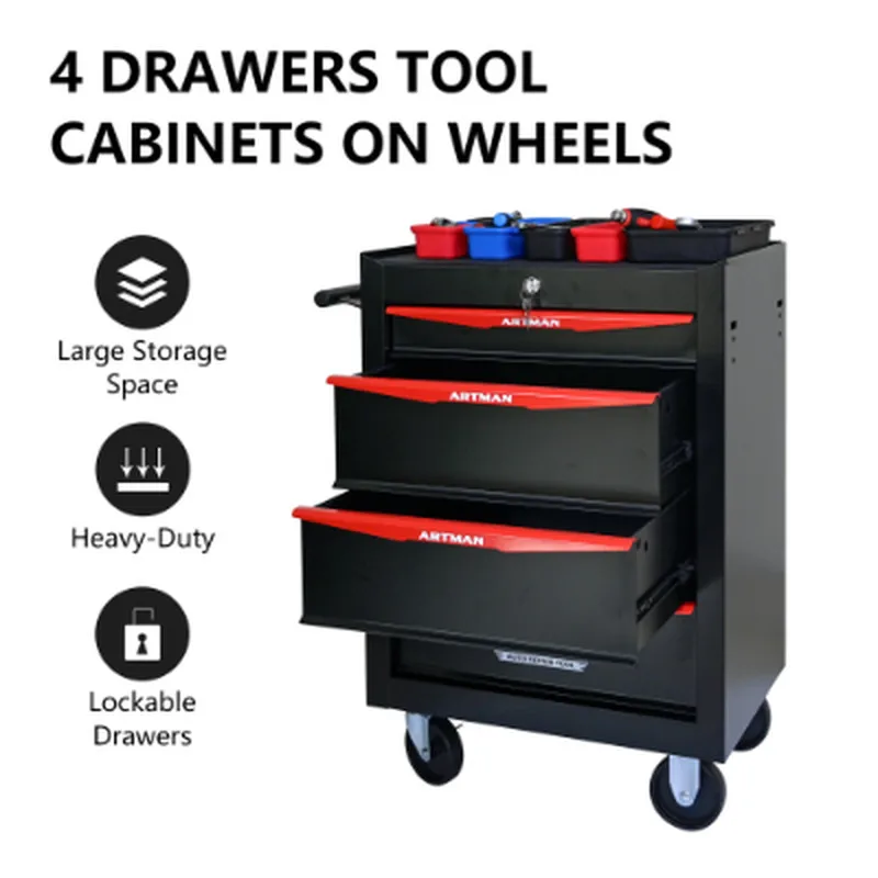 Tool BoxHeavy Duty Rolling Tool Cabinet with 4 Drawers Steel Storage on Wheels