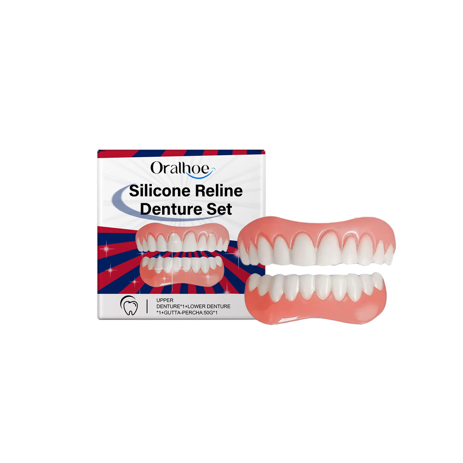 Silicone Denture Set Temporary False Teeth Cover Snap‑On Veneers Comfortable Fit For Smile Makeover Improve Teeth Appearance