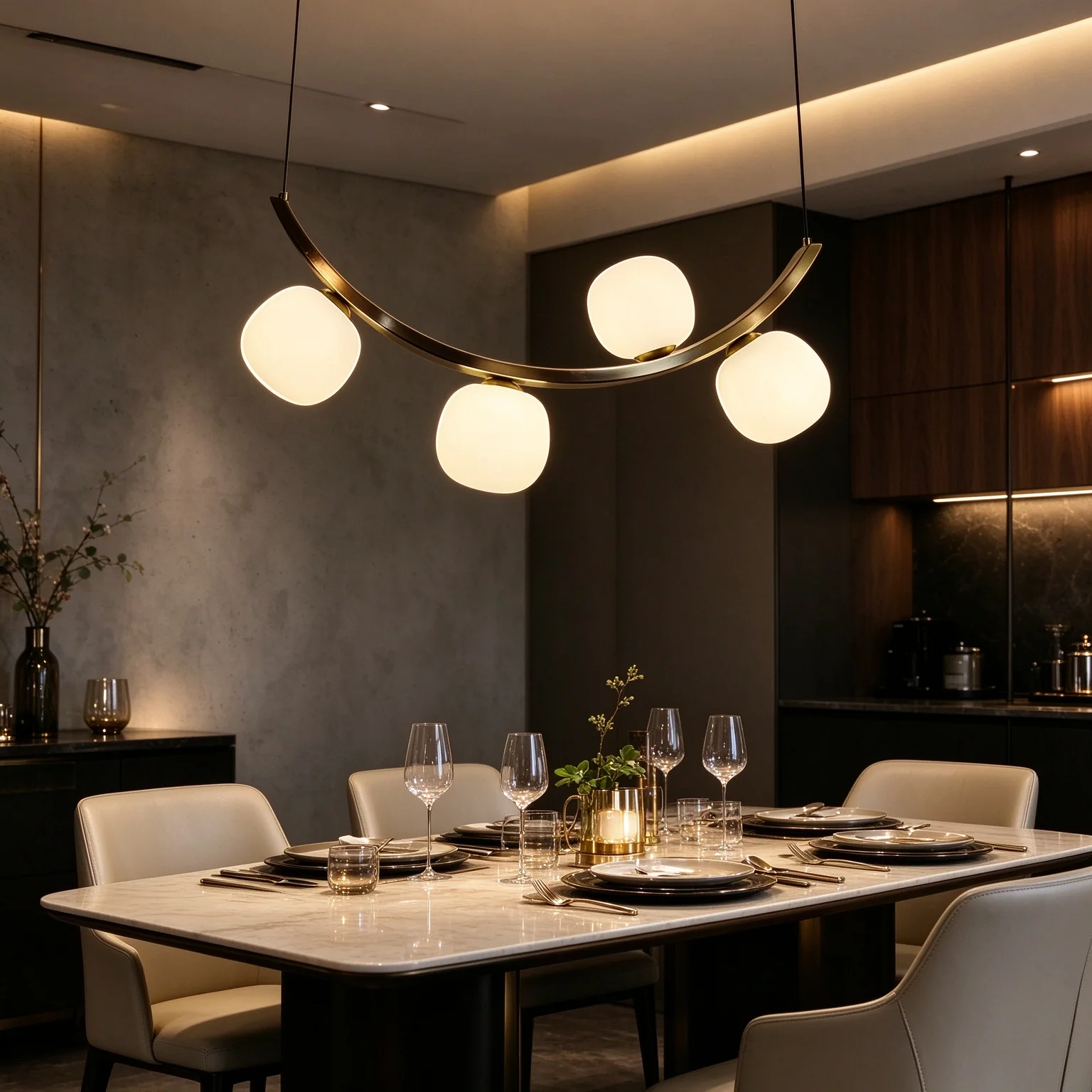 Modern Curved Brass Pendant Light 4 G9 Bulbs Included Glass Ball 1.5m Adjustable Wire Hanging Lamp for Dining Living Room Bar
