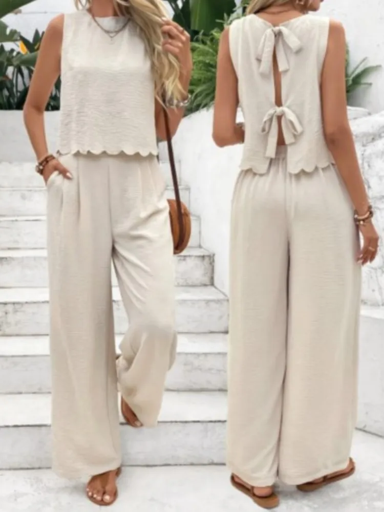 

Summer Women's Casual Two-piece Set Solid Color Sleeveless Vest Hollow Out Lace Up Top Wide Leg Pants Suits Fashion Commute