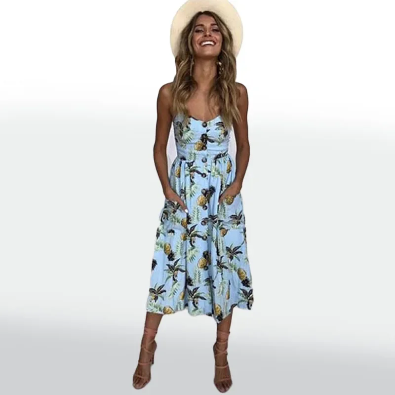 Summer Women's Suspender Printed Dress Sexy V-neck Backless Sleeveless Loose Sundress Boho Holiday Beach Maxi Dress with Pocket