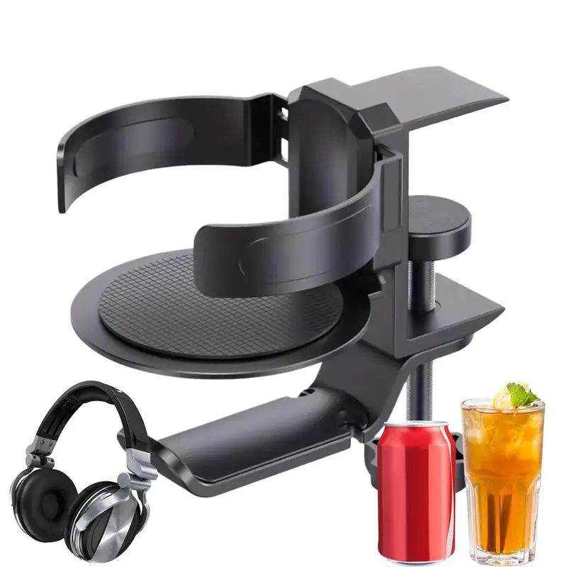 Cup Holder For Desk 2-in-1 Clip On Cup Holder Headphone Hanger Clamp Cup Holder 360 Rotating Game Desk Accessories Anti-Spill