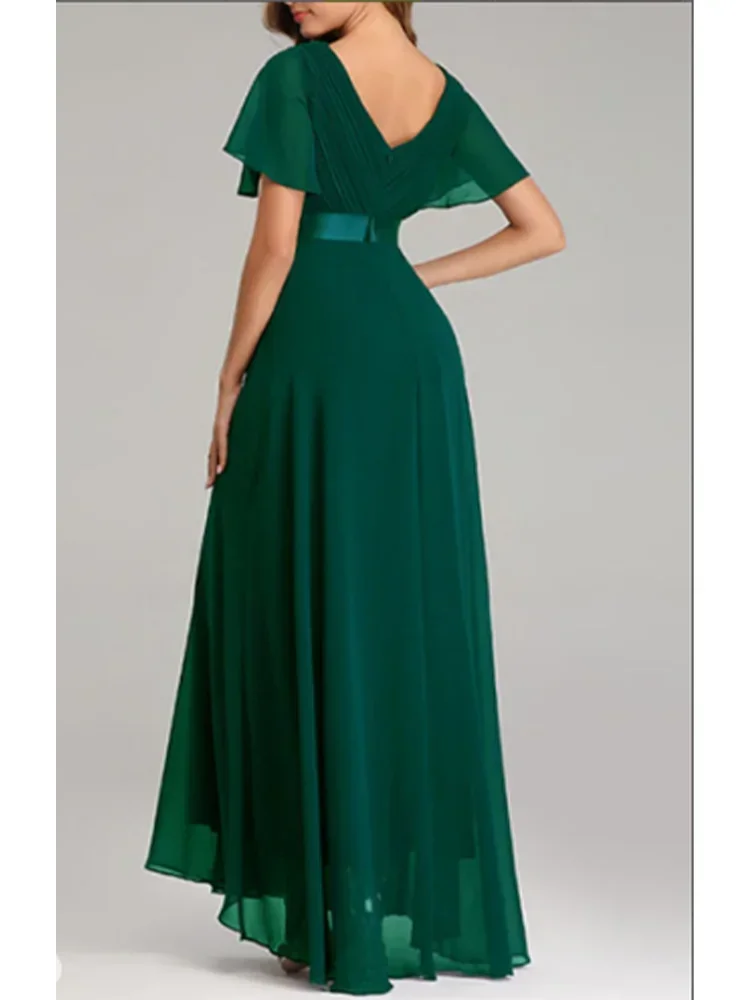 Vestido largo de gasa con cuello en V para mujer, prenda plisada de manga corta, informal, talla grande, de boda para invitados, verano, 2024