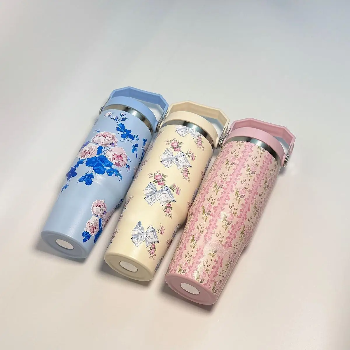 

Large Capacity Floral Stainless Steel Insulated Cup, Creative Handheld Car Mug for Tea Coffee, Home Office Travel Use