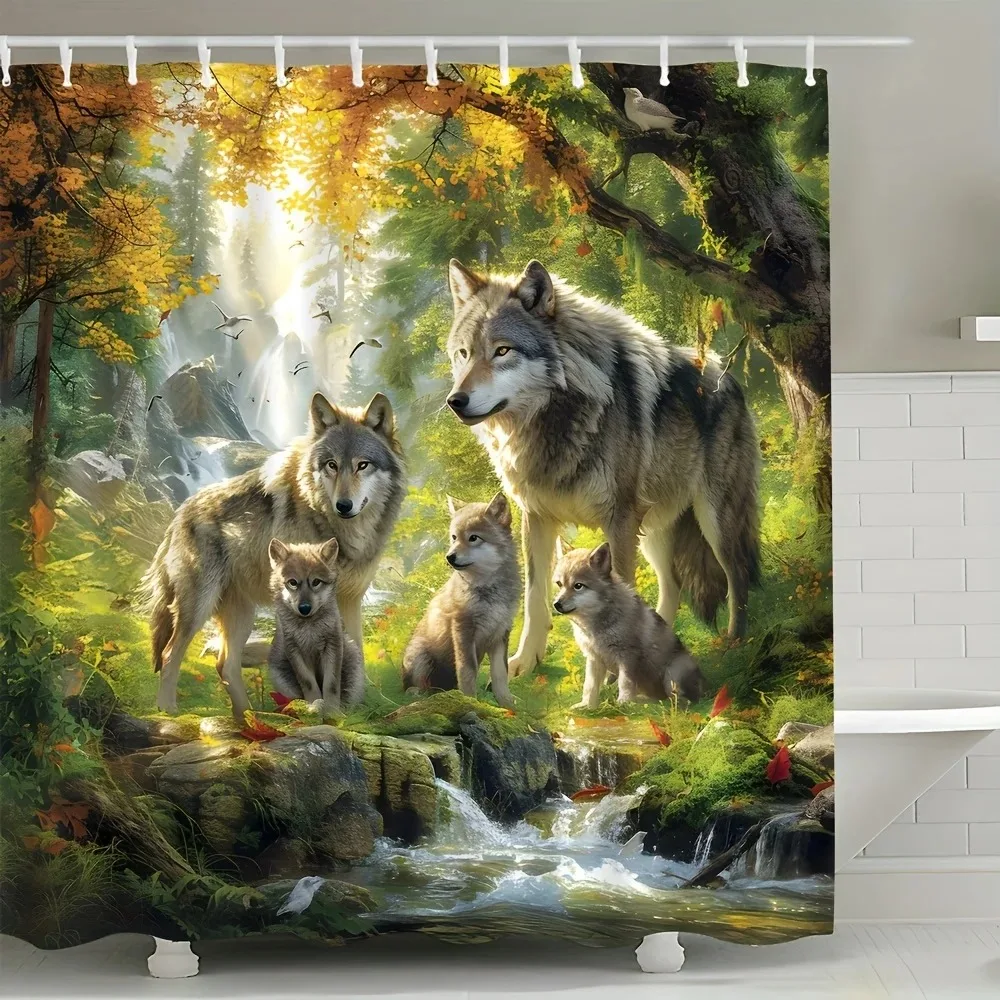 

Wolf Family Shower Curtain Waterproof Bathroom Partition Fabric Panel with Hooks Nature Wildlife Decor Home Accessories