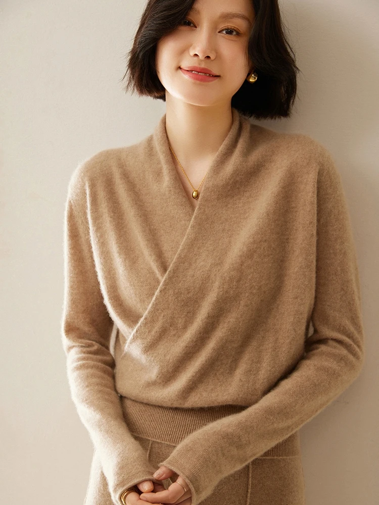 

MEETCC Women's 100% Cashmere Pullover Autumn Winter Cross-over Collar Sweater Elegant Soft Warm Cashmere Knitwear OL Tops Jumper