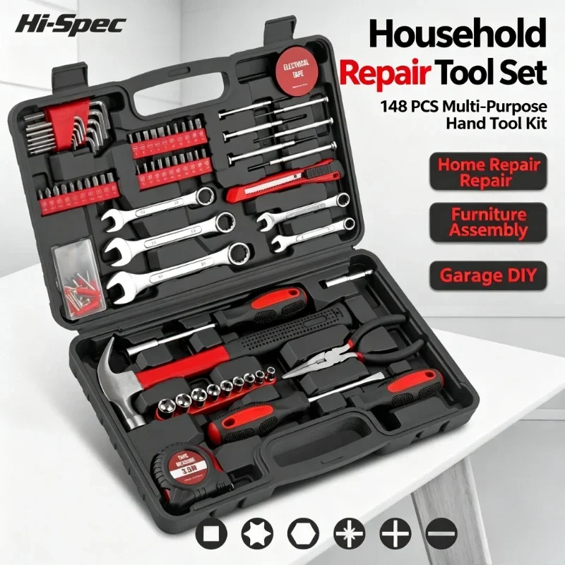 Hi-Spec 148 Piece Multifunctional Home Repair Tool Kit Portable Household Hardware Hand Tool Set with Storage Case