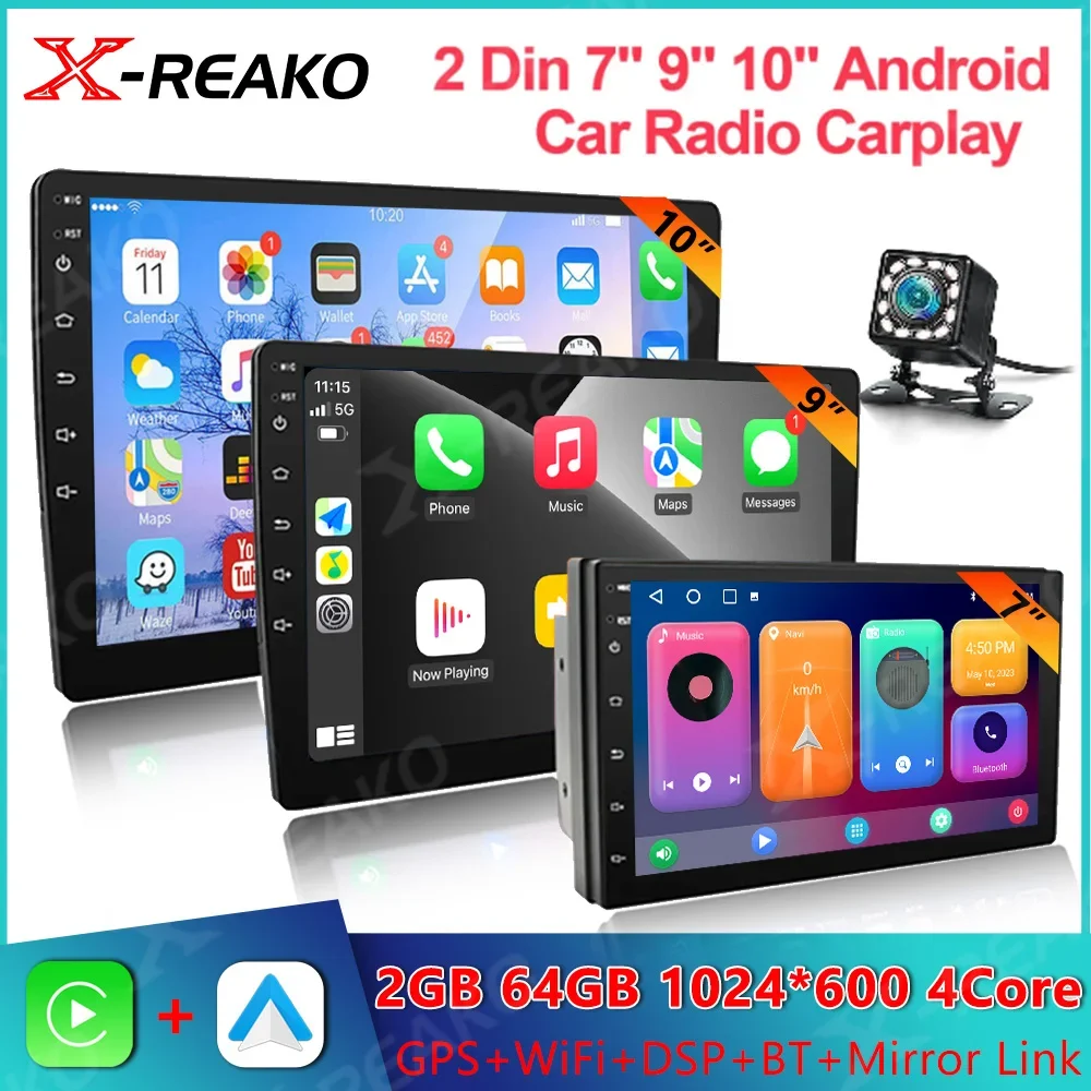 

X-REAKO 7 / 9 /10 дюймов 2 Din универсальный MP5 плеер HD IPS экран зеркальная ссылка Carplay авто радио DSP Android 12 2 + 32/2 + 64G