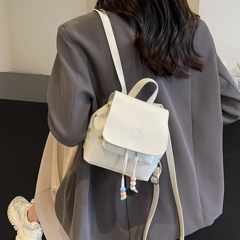 

with Drawstring Small Backpack Fashion Pastoral Flowers PU Flap Backpack Mini Adjustable Women's Backpack Women