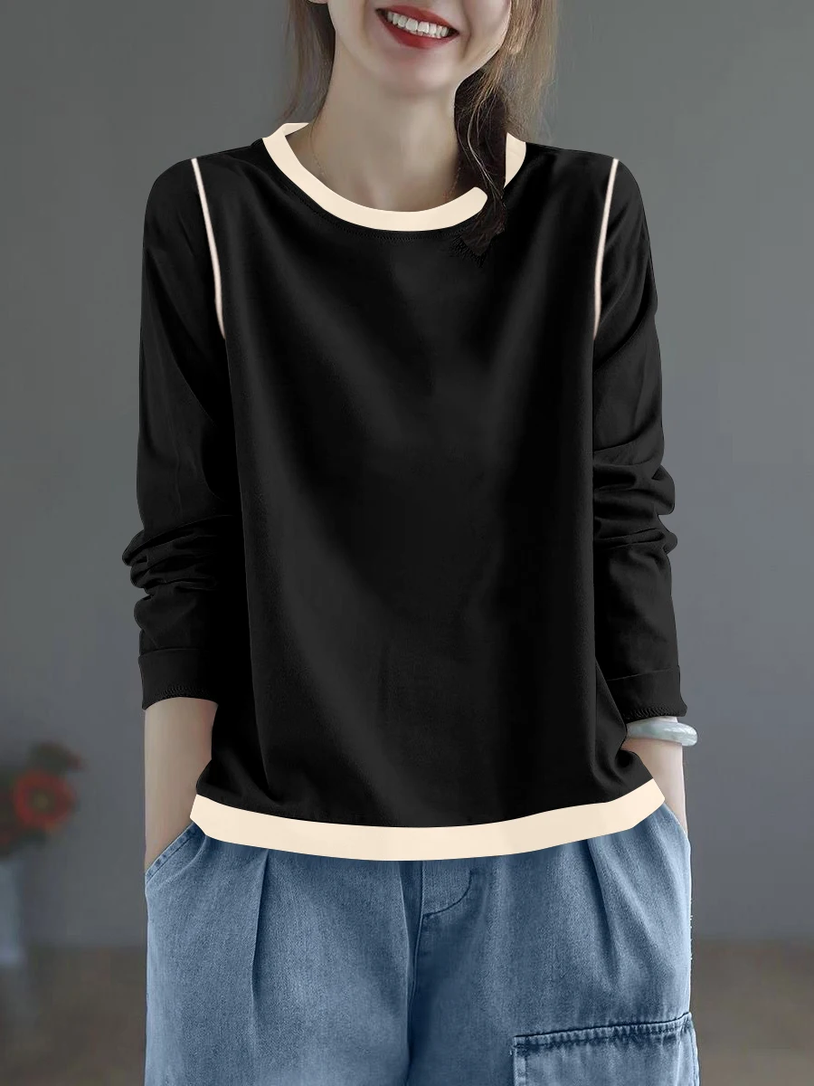 Doppelseitiger FCE-Langarm-Base-Top für Damen, Modischer Farbblock-Design, Warmer Rundhals-Pullover für Herbst und Winter