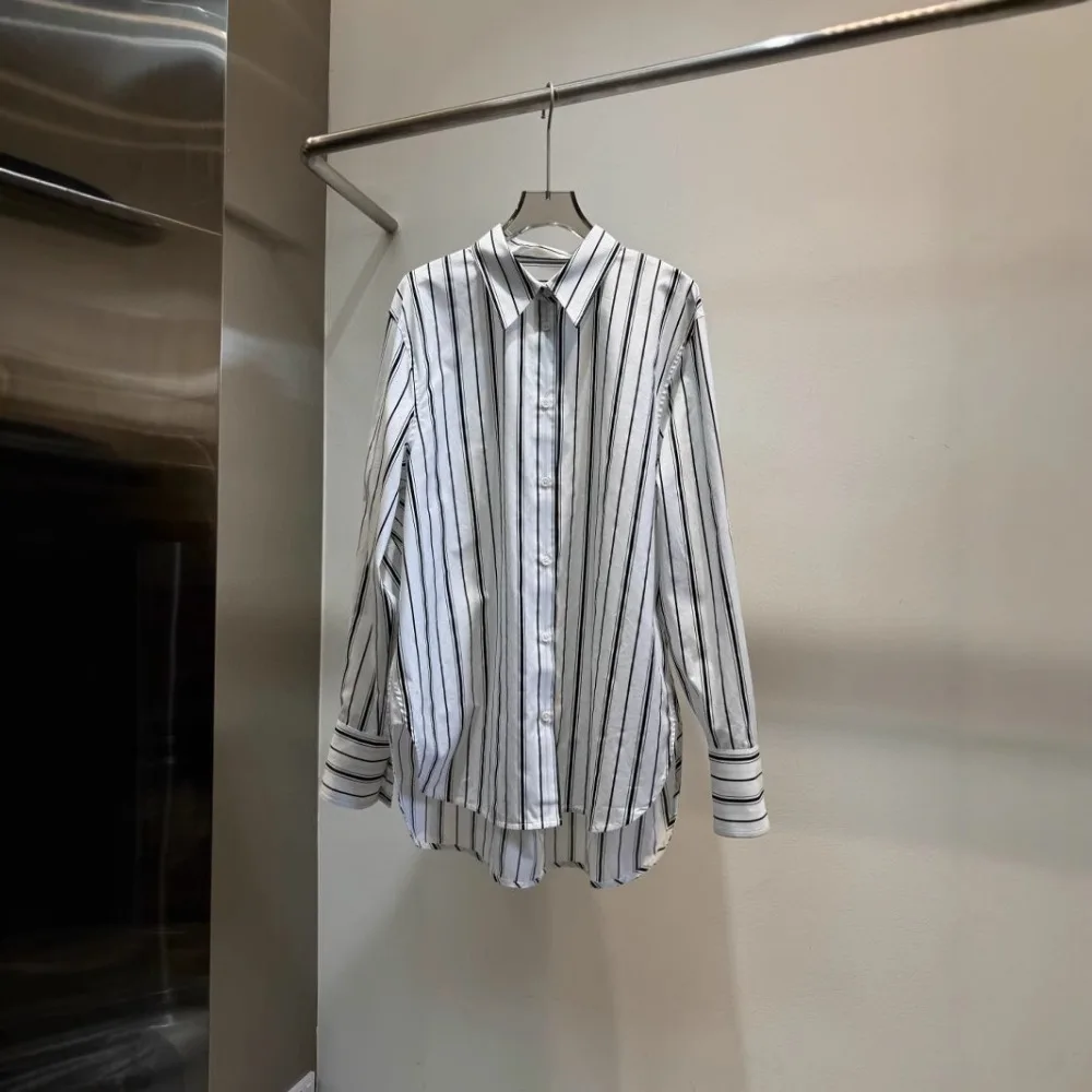 

Spring and Summer Loose and Versatile Vertical Striped Shirt Long Sleeve Mid-length Lapel Shirt